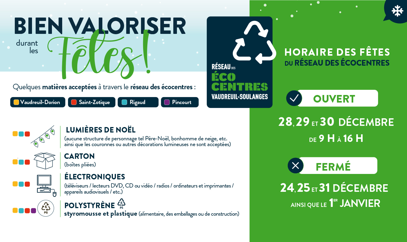Horaire des Fêtes 2022 du Réseau des écocentres de Vaudreuil-Soulanges