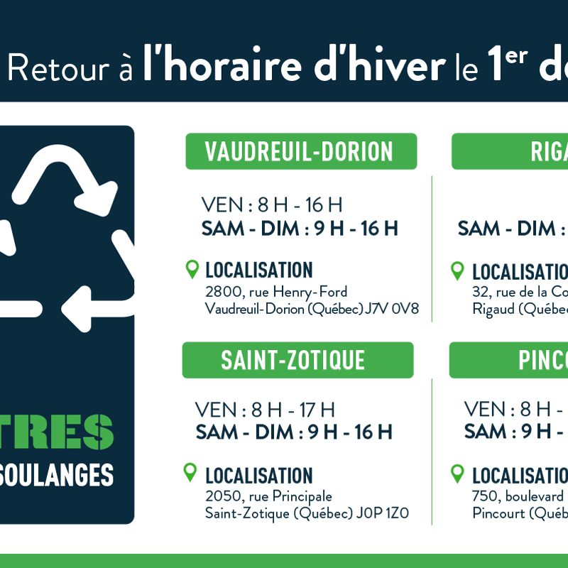 Retour à l’horaire d’hiver du Réseau des écocentres de la MRC de Vaudreuil-Soulanges