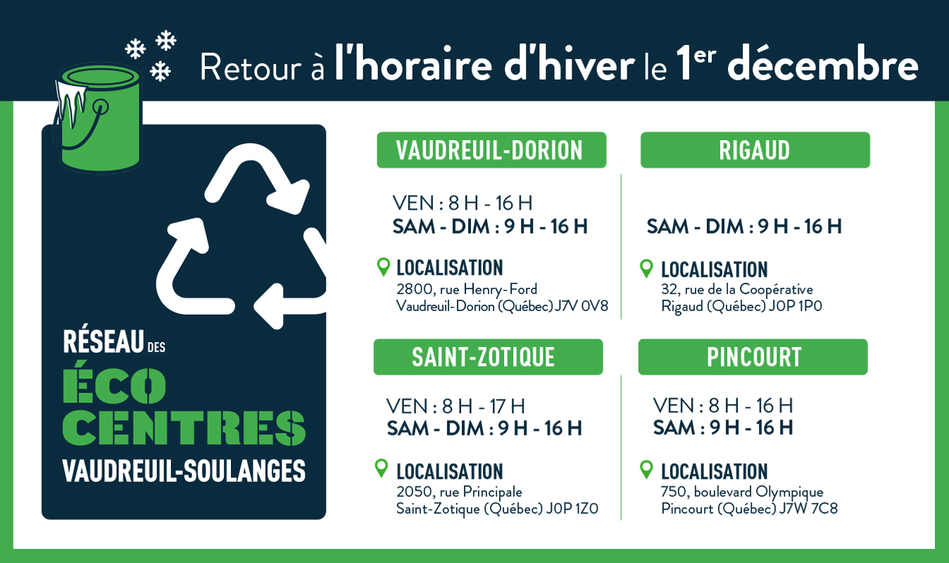 Retour à l’horaire d’hiver du Réseau des écocentres de la MRC de Vaudreuil-Soulanges