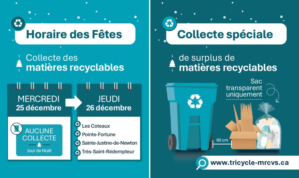 Période des Fêtes / Changement d’horaire pour la collecte des matières recyclables et collecte spéciale de surplus